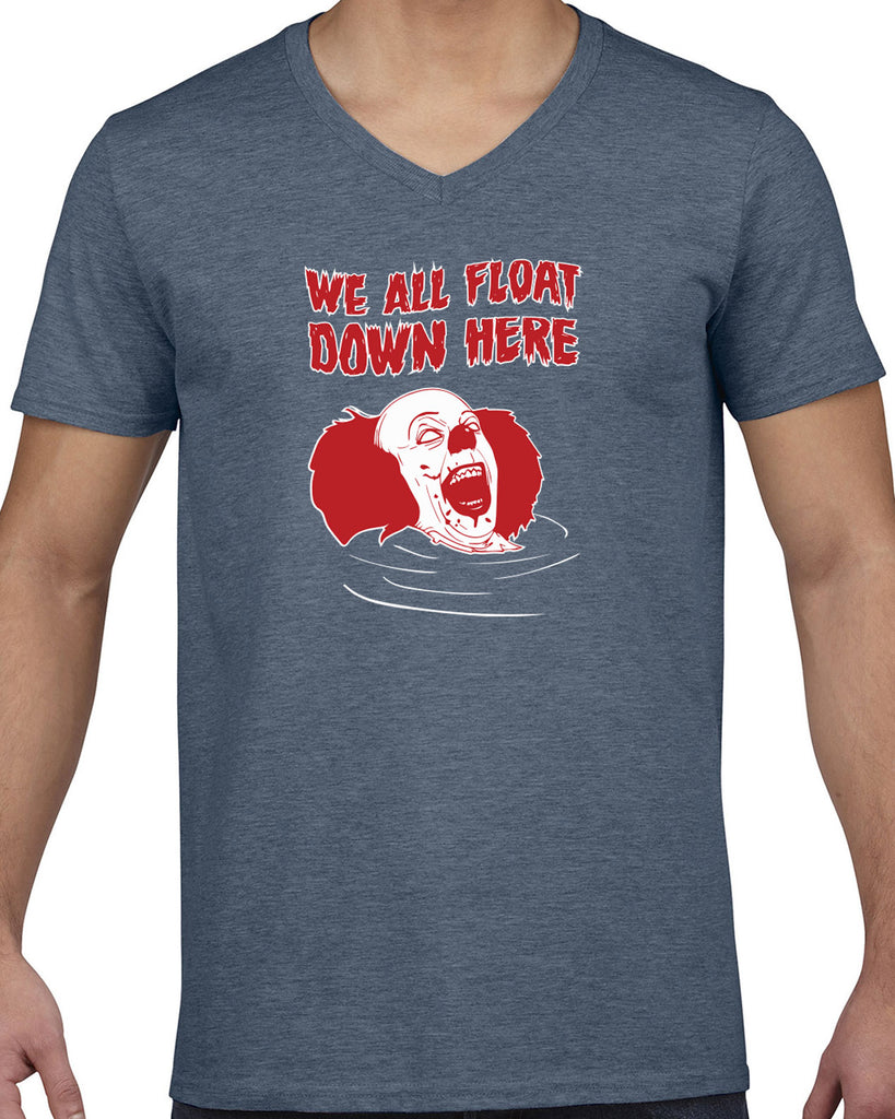We All Float Down Here Mens V Neck Shirt scary horror movie Halloween pennywise It clown creepy Vintage Retro