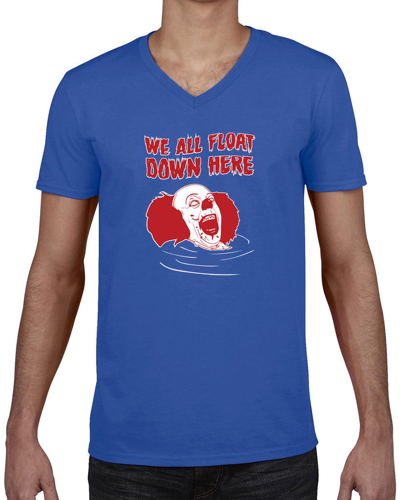 We All Float Down Here Mens V Neck Shirt scary horror movie Halloween pennywise It clown creepy Vintage Retro