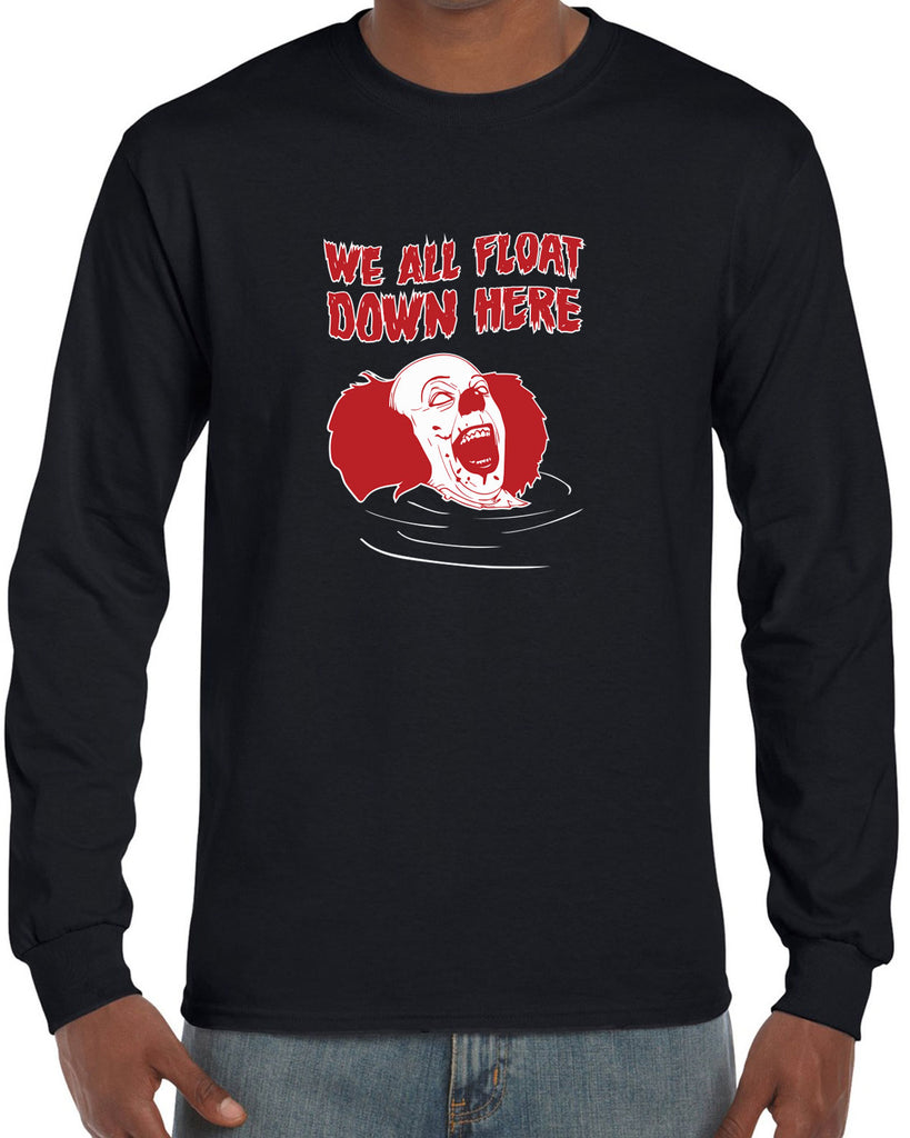 We All Float Down Here Long Sleeve Shirt scary horror movie Halloween pennywise It clown creppy Vintage Retro