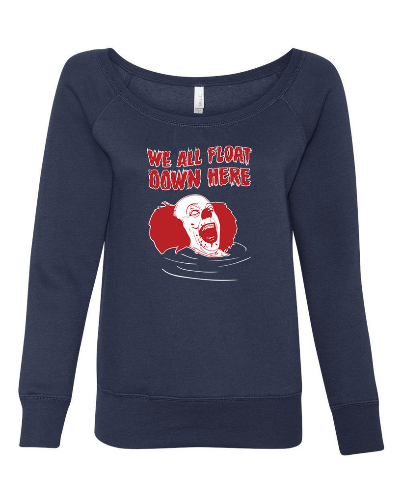We All Float Down Here Womens Off the Shoulder Sweatshirt scary horror movie Halloween pennywise It clown creppy Vintage Retro