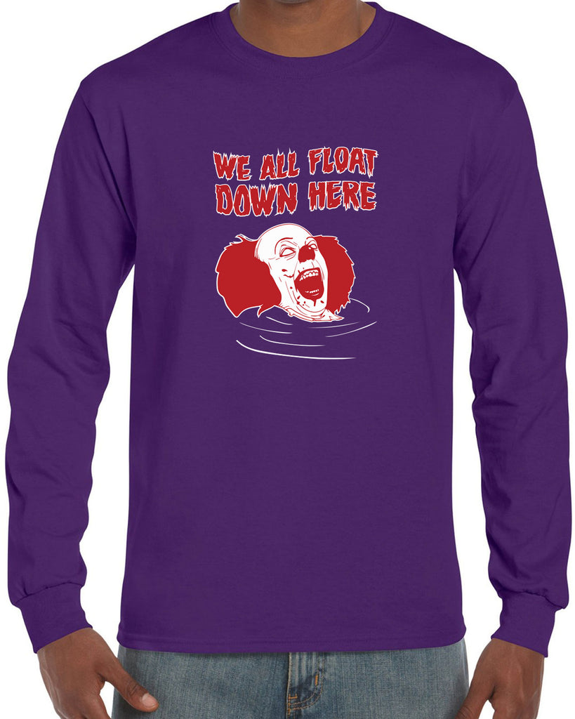 We All Float Down Here Long Sleeve Shirt scary horror movie Halloween pennywise It clown creppy Vintage Retro