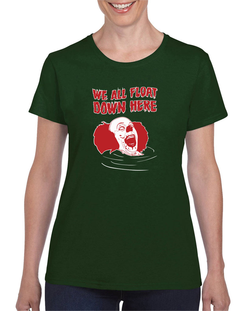 We All Float Down Here Wmens Shirt scary horror movie Halloween pennywise It clown creppy Vintage Retro