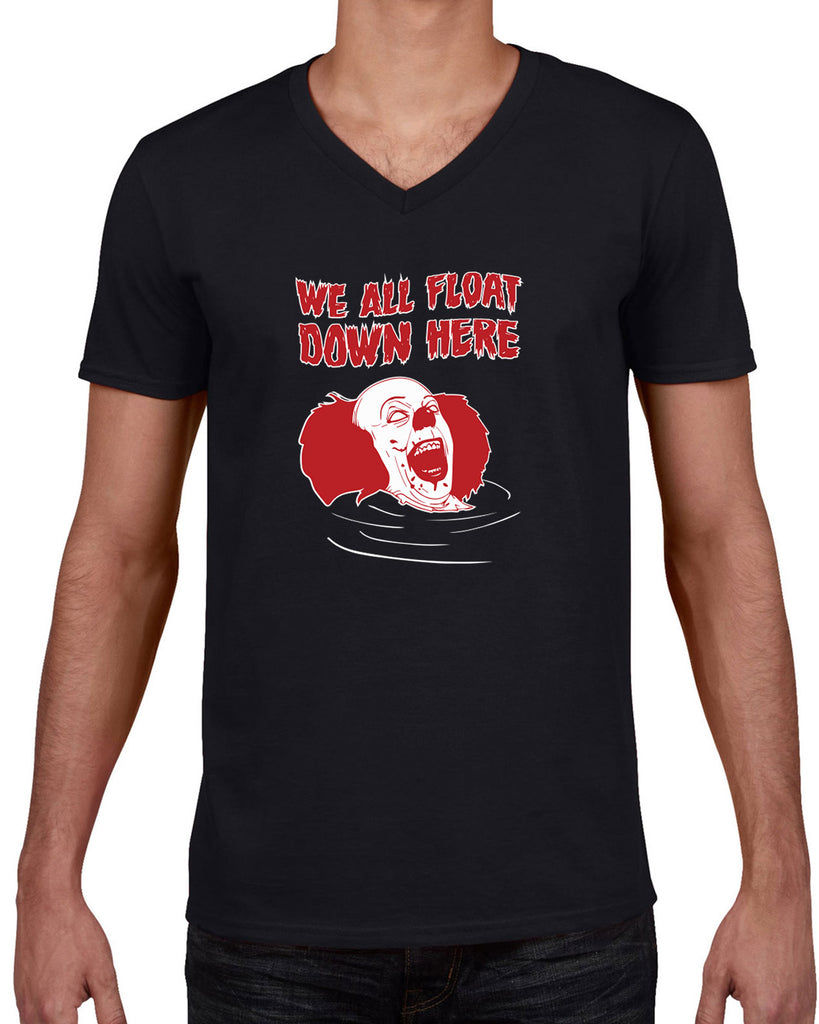 We All Float Down Here Mens V Neck Shirt scary horror movie Halloween pennywise It clown creepy Vintage Retro