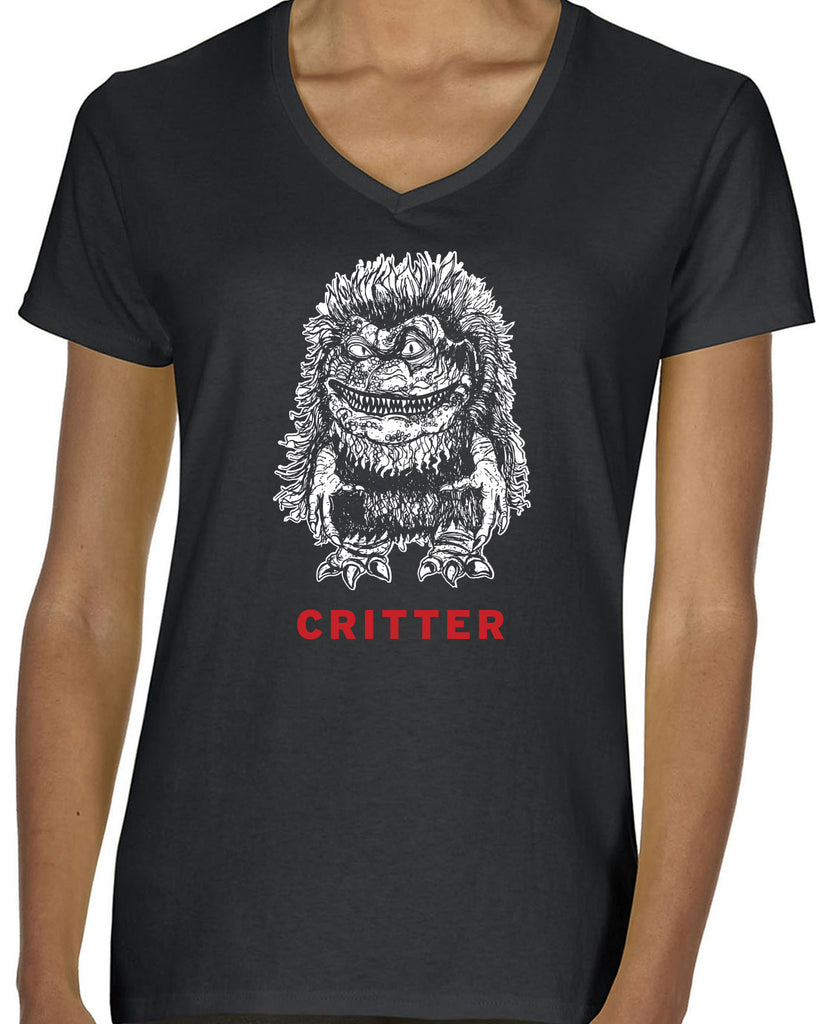 Critter V Neck Womens Shirt Critters 80s movie scary horror film party vintage retro
