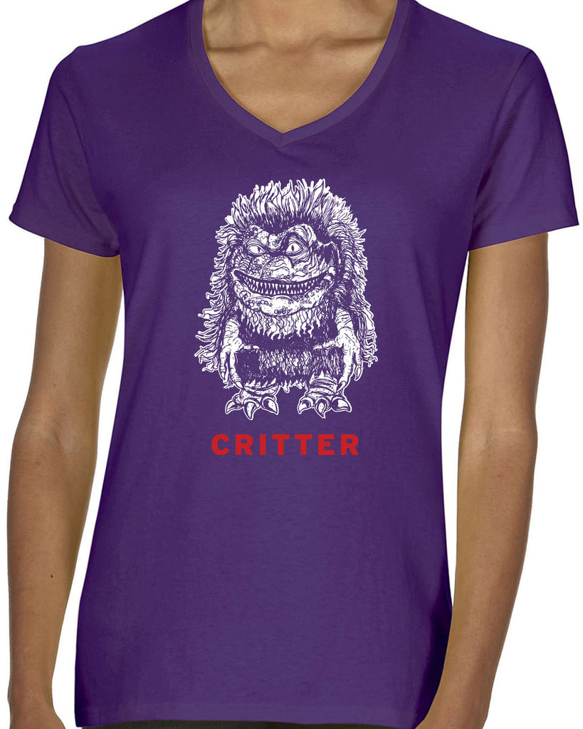 Critter V Neck Womens Shirt Critters 80s movie scary horror film party vintage retro