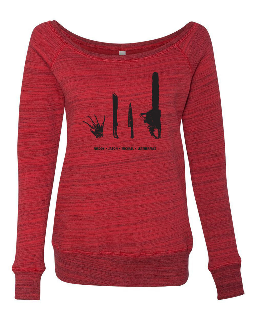 Horror Movie Villains Womens Off the Shoulder Sweatshirt nightmare on elm street texas camp crystal lake halloween costume slasher freddy friday the 13th scary