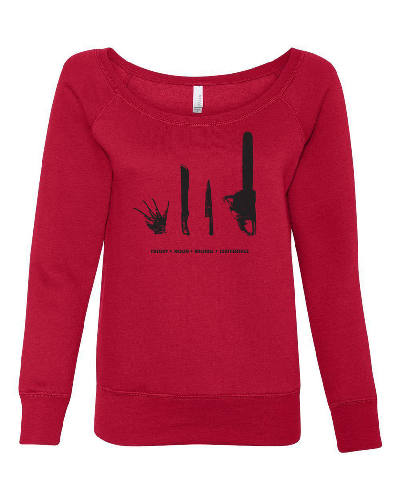 Horror Movie Villains Womens Off the Shoulder Sweatshirt nightmare on elm street texas camp crystal lake halloween costume slasher freddy friday the 13th scary