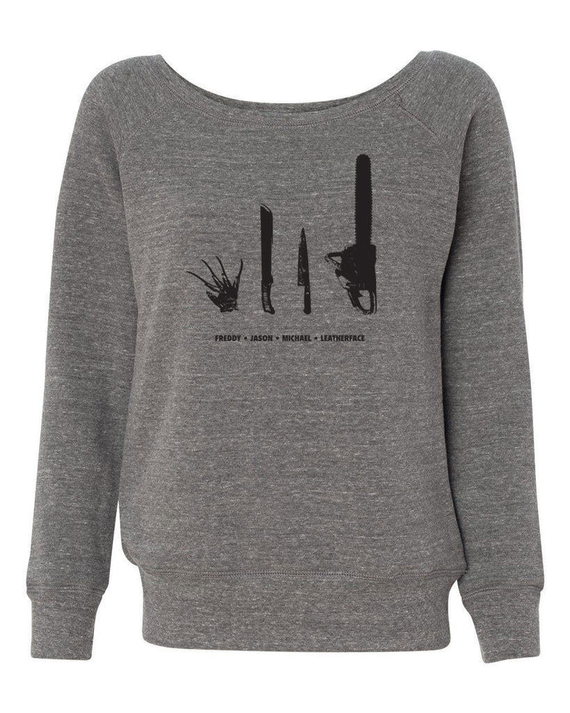 Horror Movie Villains Womens Off the Shoulder Sweatshirt nightmare on elm street texas camp crystal lake halloween costume slasher freddy friday the 13th scary