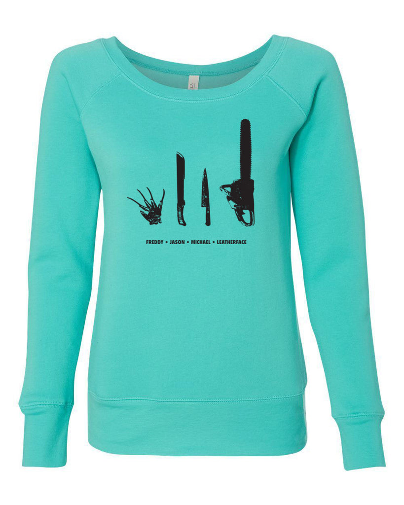 Horror Movie Villains Womens Off the Shoulder Sweatshirt nightmare on elm street texas camp crystal lake halloween costume slasher freddy friday the 13th scary