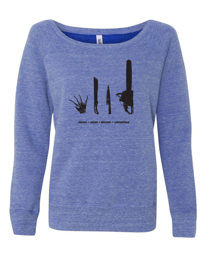 Horror Movie Villains Womens Off the Shoulder Sweatshirt nightmare on elm street texas camp crystal lake halloween costume slasher freddy friday the 13th scary