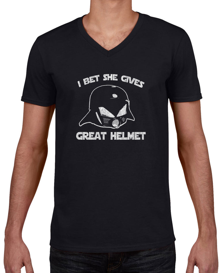 Men's Short Sleeve V-Neck T-Shirt - I Bet She Gives Great Helmet