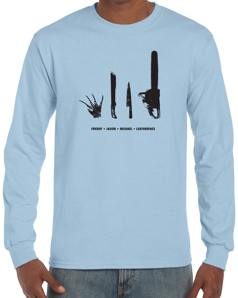 Horror Movie Villains Mens Long Sleeve Shirt nightmare on elm street texas camp crystal lake halloween costume slasher freddy friday the 13th scary