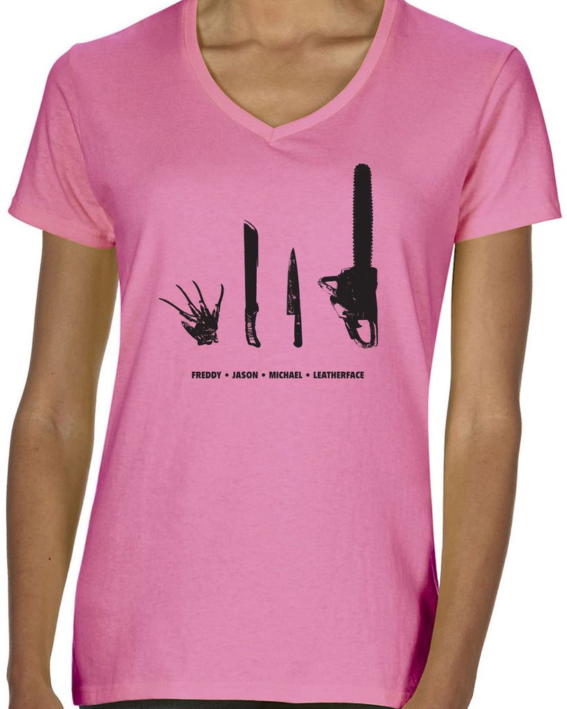 Horror Movie Villains Womens V-neck Shirt v neck nightmare on elm street texas camp crystal lake halloween costume slasher freddy friday the 13th scary