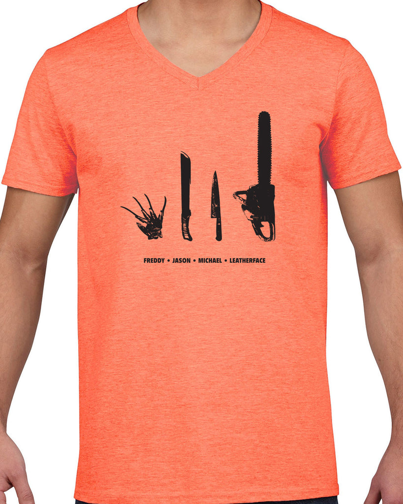 Horror Movie Villains Mens Short Sleeve V-neck Shirt nightmare on elm street texas camp crystal lake halloween costume slasher freddy friday the 13th scary