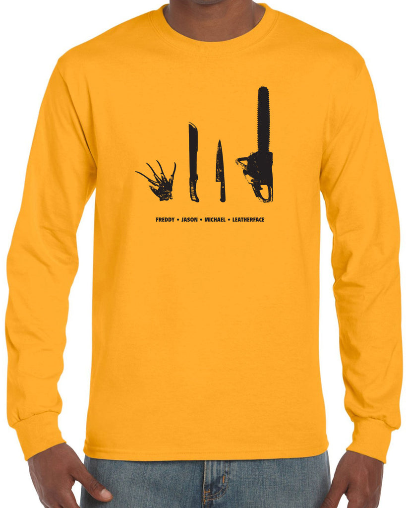 Horror Movie Villains Mens Long Sleeve Shirt nightmare on elm street texas camp crystal lake halloween costume slasher freddy friday the 13th scary