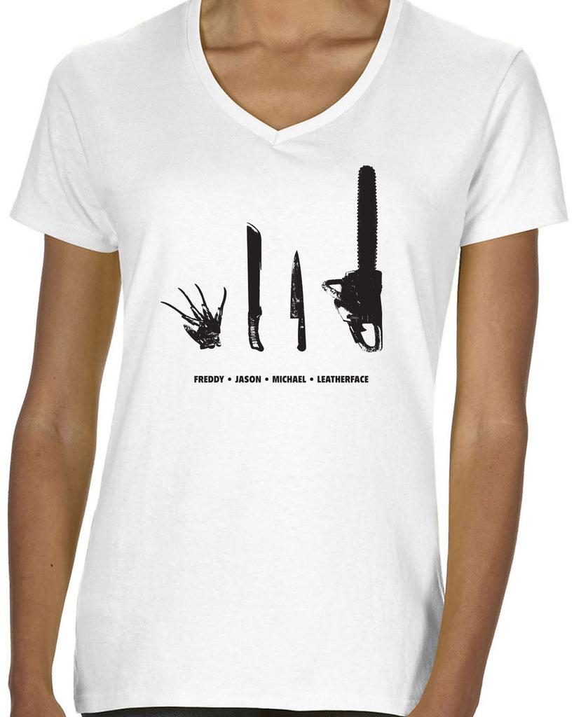 Horror Movie Villains Womens V-neck Shirt v neck nightmare on elm street texas camp crystal lake halloween costume slasher freddy friday the 13th scary