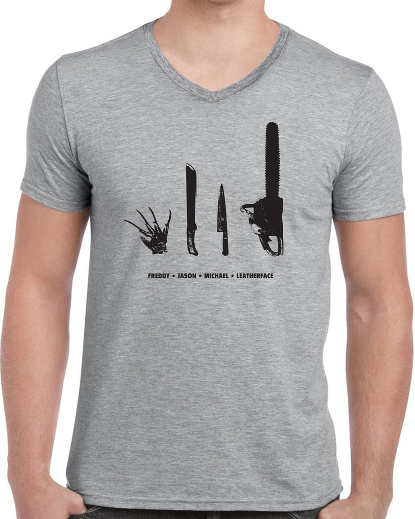 Horror Movie Villains Mens Short Sleeve V-neck Shirt nightmare on elm street texas camp crystal lake halloween costume slasher freddy friday the 13th scary