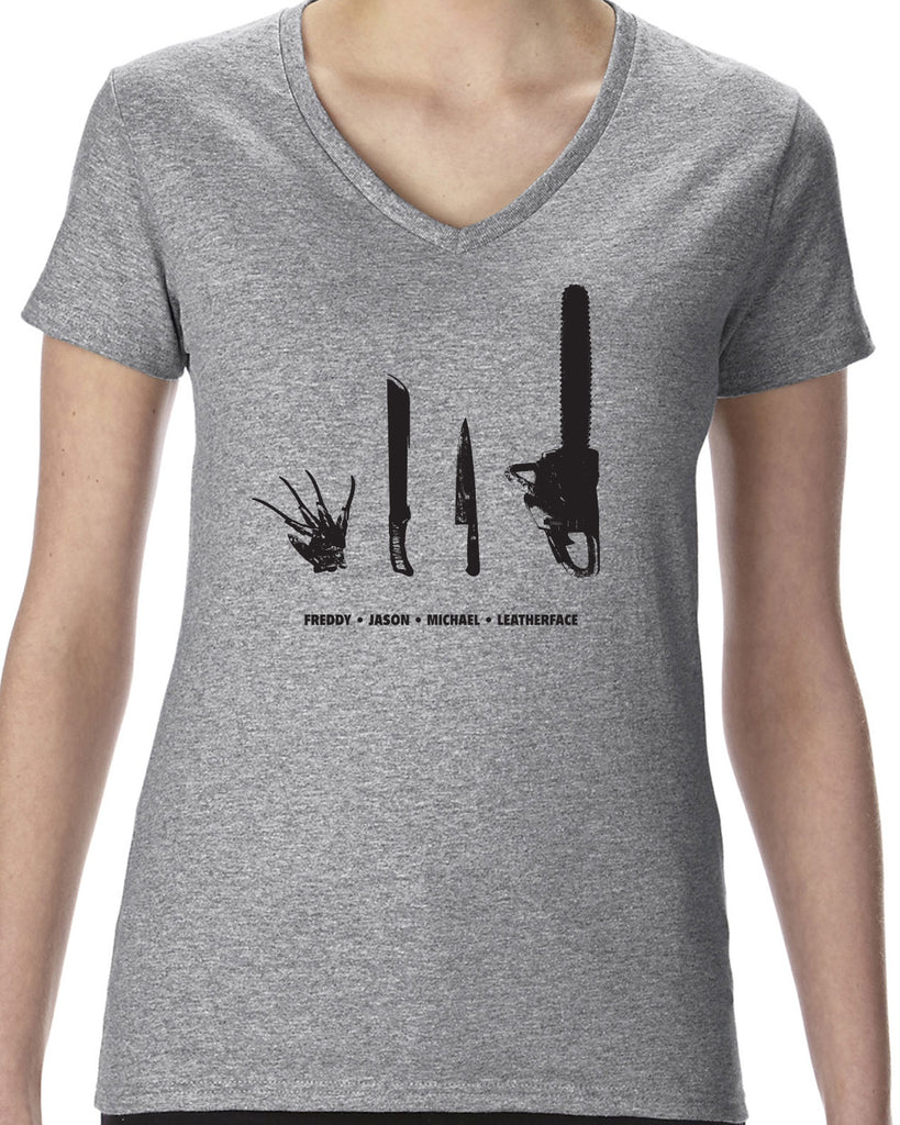 Horror Movie Villains Womens V-neck Shirt v neck nightmare on elm street texas camp crystal lake halloween costume slasher freddy friday the 13th scary