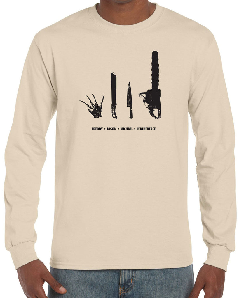 Horror Movie Villains Mens Long Sleeve Shirt nightmare on elm street texas camp crystal lake halloween costume slasher freddy friday the 13th scary