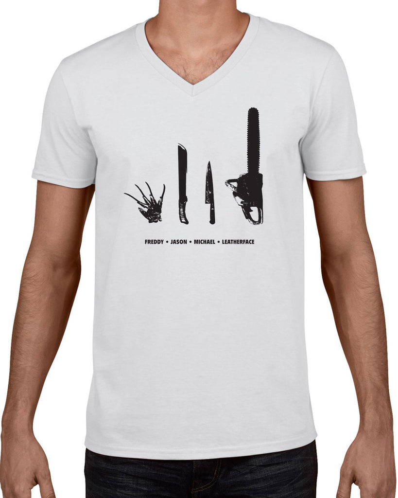 Horror Movie Villains Mens Short Sleeve V-neck Shirt nightmare on elm street texas camp crystal lake halloween costume slasher freddy friday the 13th scary