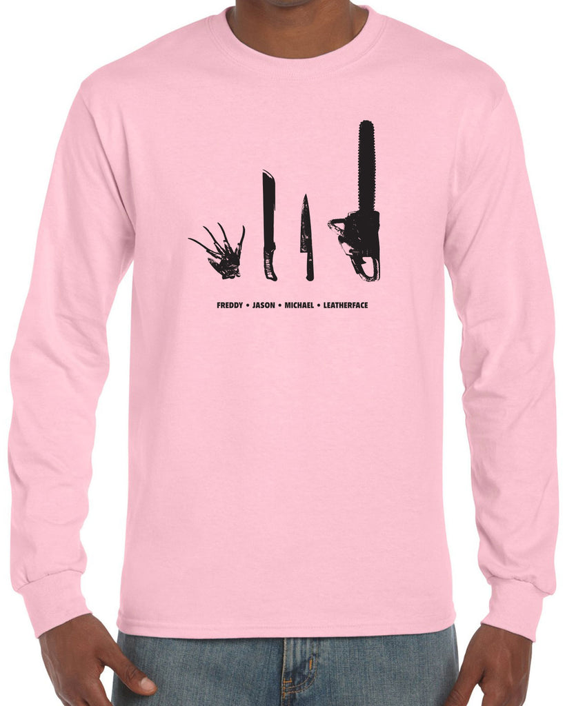 Horror Movie Villains Mens Long Sleeve Shirt nightmare on elm street texas camp crystal lake halloween costume slasher freddy friday the 13th scary