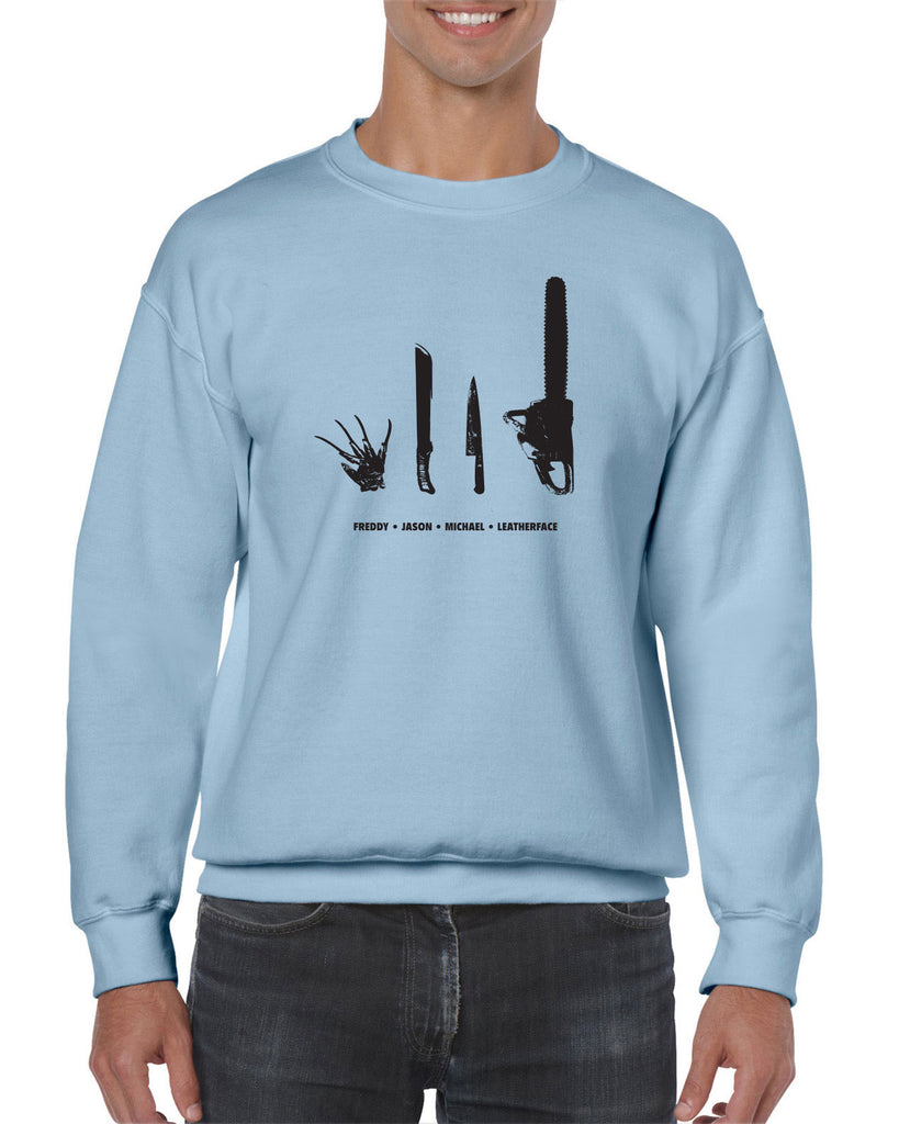 Horror Movie Villains Crew Sweatshirt nightmare on elm street texas camp crystal lake halloween costume slasher freddy friday the 13th scary