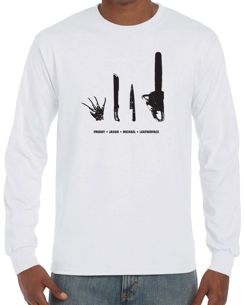 Horror Movie Villains Mens Long Sleeve Shirt nightmare on elm street texas camp crystal lake halloween costume slasher freddy friday the 13th scary