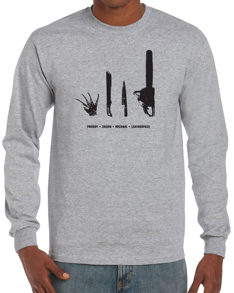 Horror Movie Villains Mens Long Sleeve Shirt nightmare on elm street texas camp crystal lake halloween costume slasher freddy friday the 13th scary