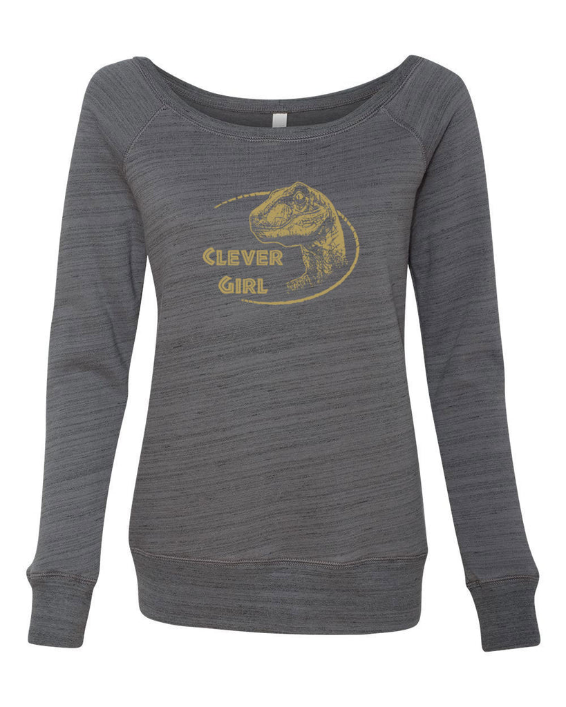 Women's Long Sleeve Off the Shoulder Shirt - Clever Girl Dinosaur Jurassic Funny Movie Long Sleeve 90s Movie Graphic Vintage Pop Culture Funny Present Gift