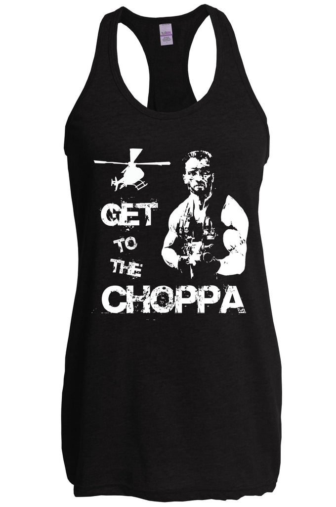 Hot Press Apparel Womens Racerback Tank Top Get to the Choppa predator 80s movie arnold schwarzenegger action adventure alien da choppa chopper helicopter military