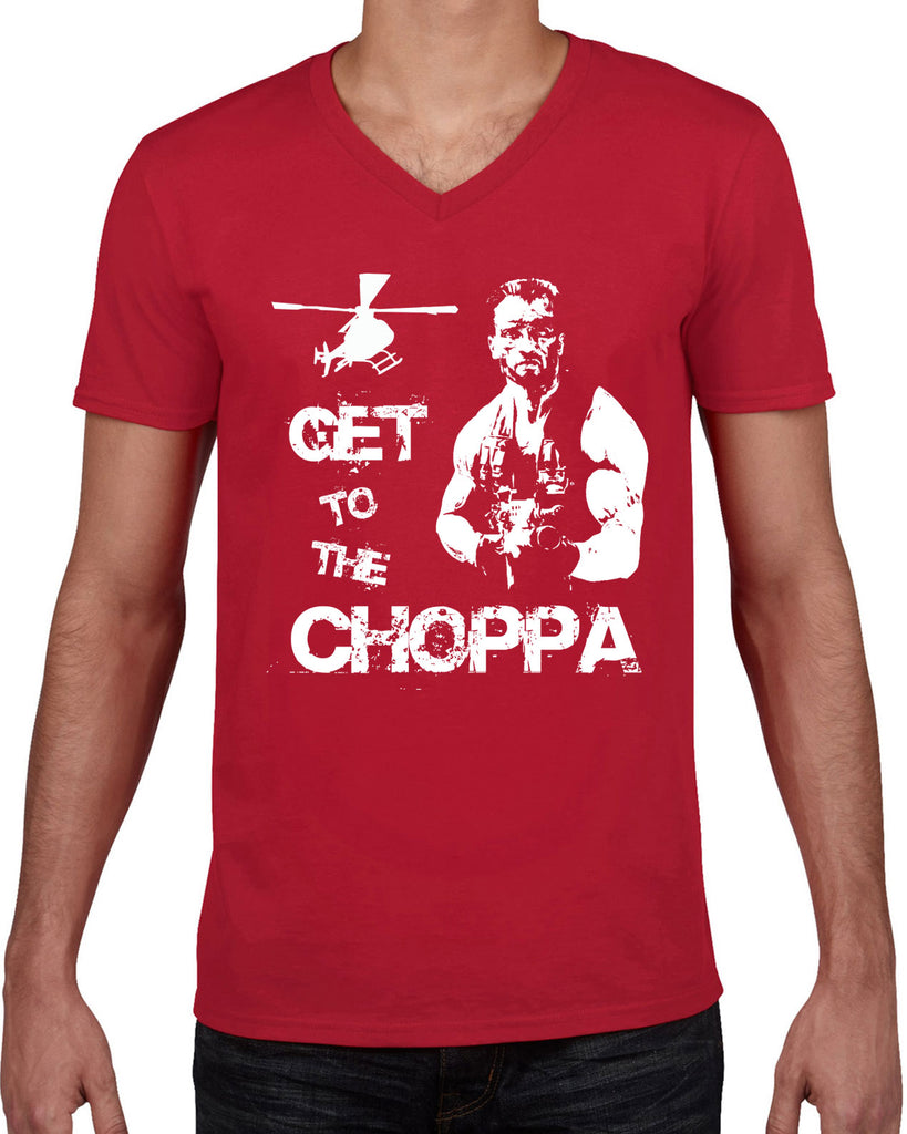 Hot Press Apparel Mens V neck Shirt Get to the Choppa predator 80s movie arnold schwarzenegger action adventure alien da choppa chopper helicopter military