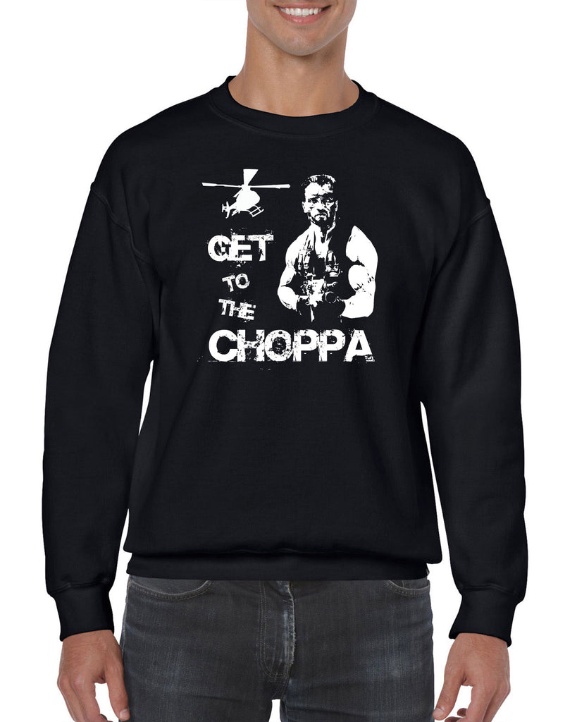 Hot Press Apparel Crew Sweatshirt Get to the Choppa predator 80s movie arnold schwarzenegger action adventure alien da choppa chopper helicopter military