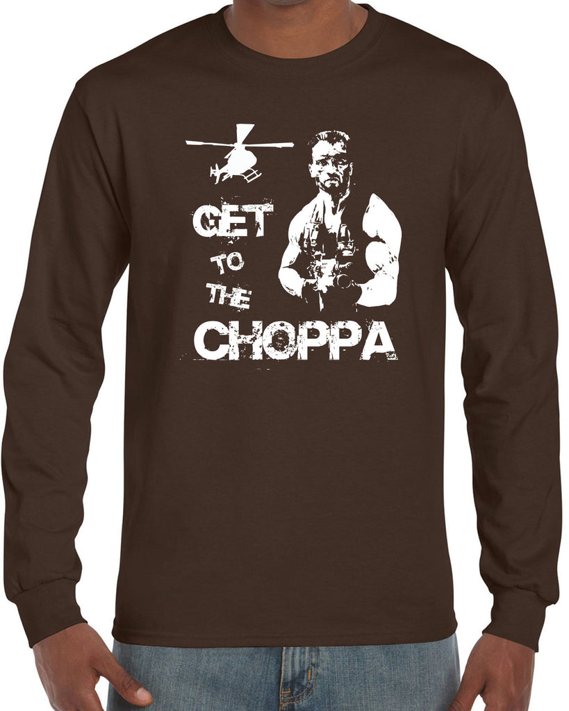 Hot Press Apparel Long Sleeve Shirt Get to the Choppa predator 80s movie arnold schwarzenegger action adventure alien da choppa chopper helicopter military
