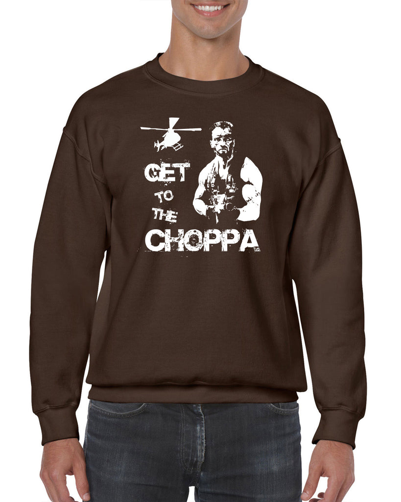 Hot Press Apparel Crew Sweatshirt Get to the Choppa predator 80s movie arnold schwarzenegger action adventure alien da choppa chopper helicopter military