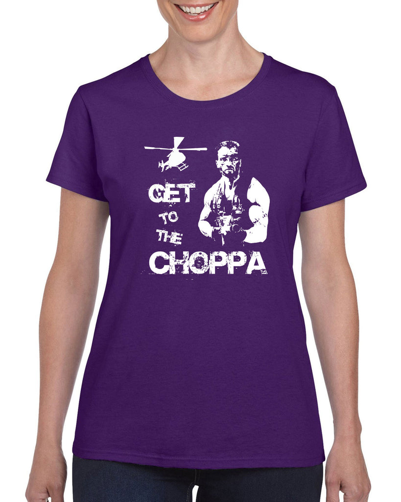 Hot Press Apparel Womens T-shirt Get to the Choppa predator 80s movie arnold schwarzenegger action adventure alien da choppa chopper helicopter military
