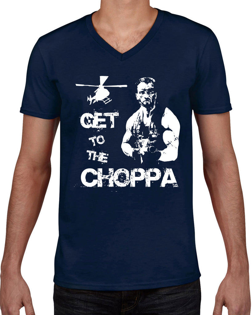 Hot Press Apparel Mens V neck Shirt Get to the Choppa predator 80s movie arnold schwarzenegger action adventure alien da choppa chopper helicopter military