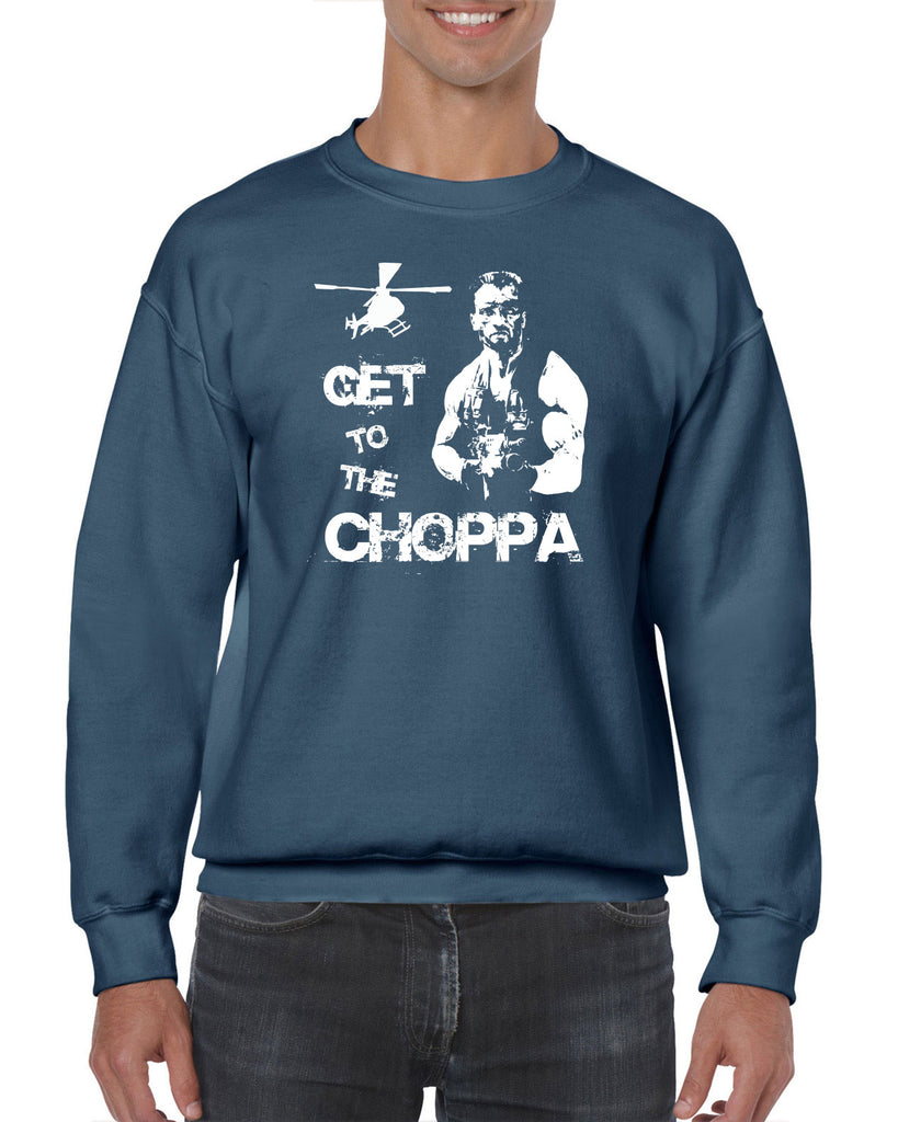 Hot Press Apparel Crew Sweatshirt Get to the Choppa predator 80s movie arnold schwarzenegger action adventure alien da choppa chopper helicopter military