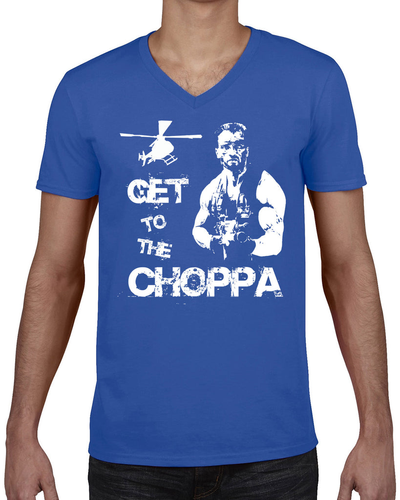Hot Press Apparel Mens V neck Shirt Get to the Choppa predator 80s movie arnold schwarzenegger action adventure alien da choppa chopper helicopter military