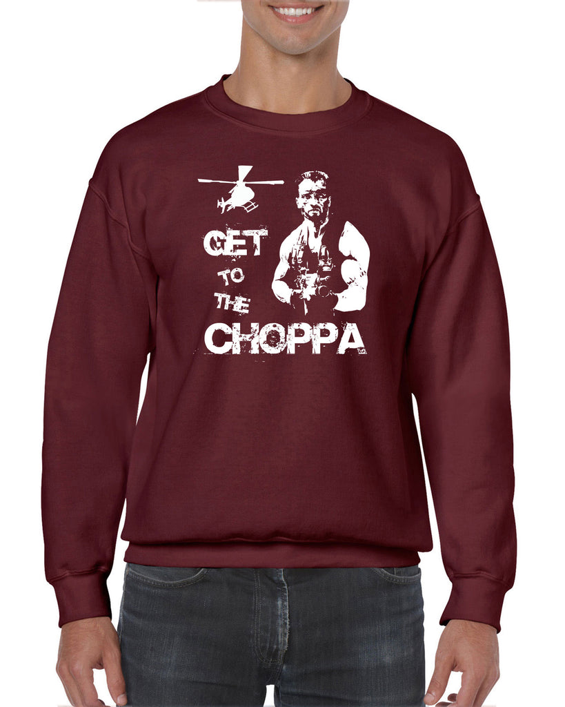 Hot Press Apparel Crew Sweatshirt Get to the Choppa predator 80s movie arnold schwarzenegger action adventure alien da choppa chopper helicopter military