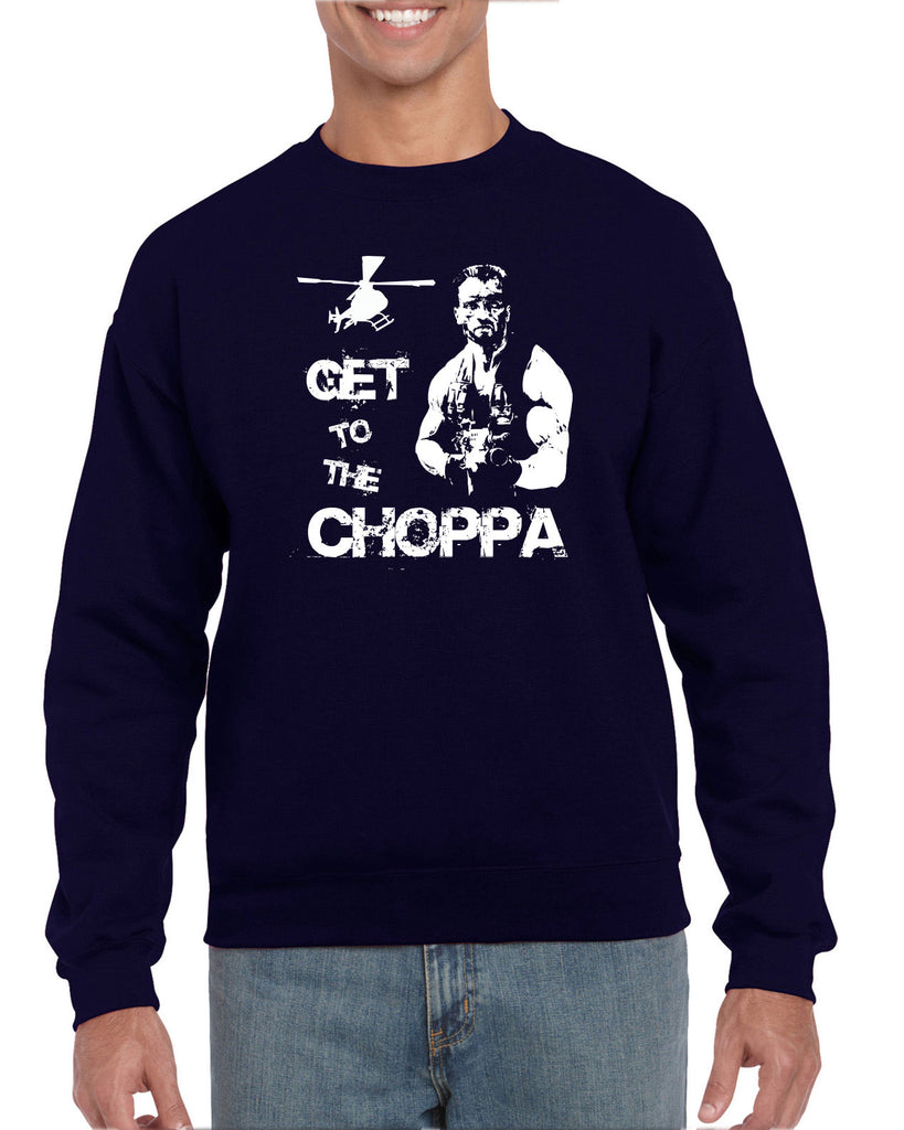 Hot Press Apparel Crew Sweatshirt Get to the Choppa predator 80s movie arnold schwarzenegger action adventure alien da choppa chopper helicopter military