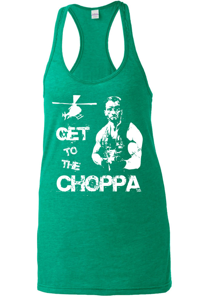 Hot Press Apparel Womens Racerback Tank Top Get to the Choppa predator 80s movie arnold schwarzenegger action adventure alien da choppa chopper helicopter military
