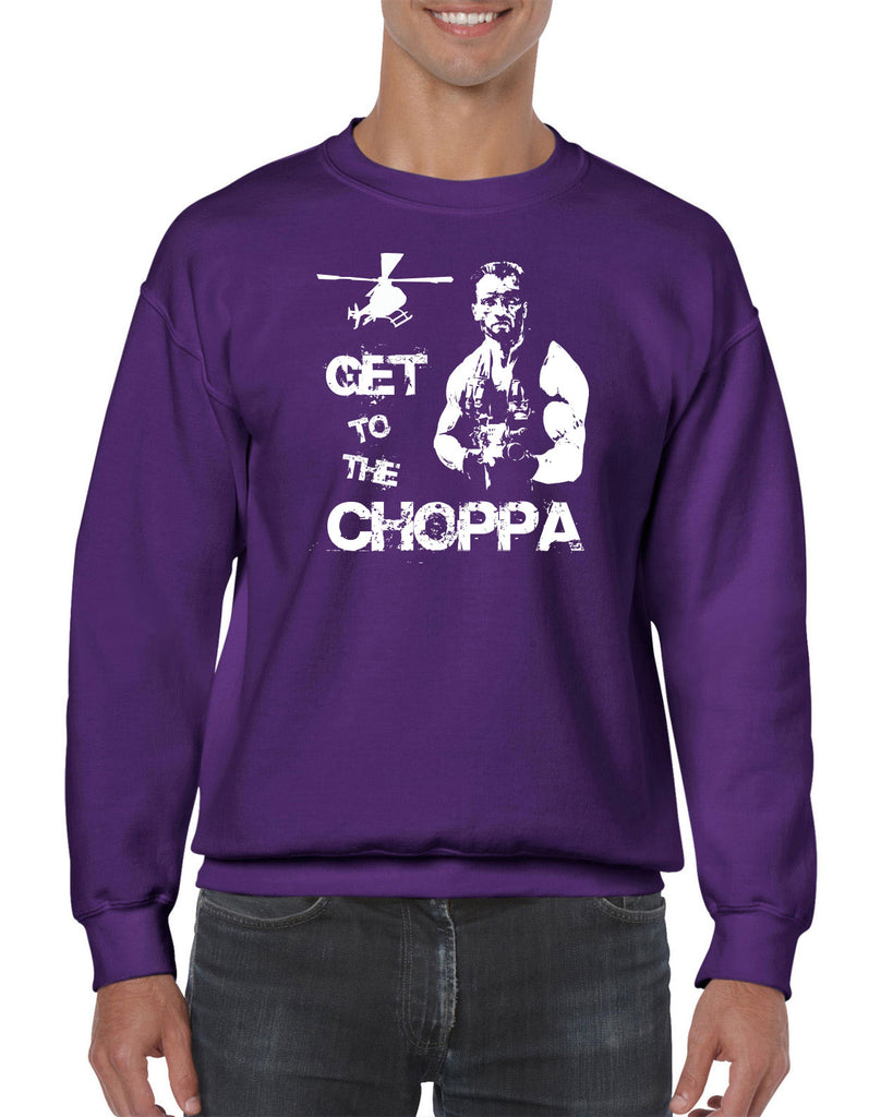 Hot Press Apparel Crew Sweatshirt Get to the Choppa predator 80s movie arnold schwarzenegger action adventure alien da choppa chopper helicopter military