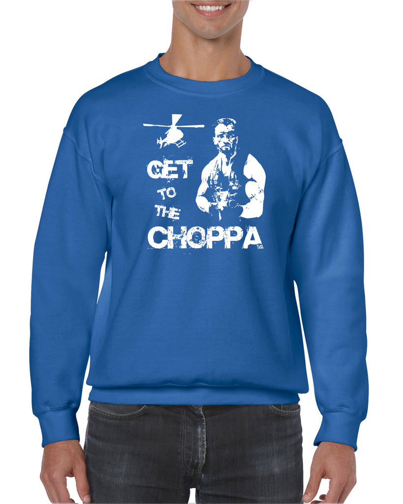 Hot Press Apparel Crew Sweatshirt Get to the Choppa predator 80s movie arnold schwarzenegger action adventure alien da choppa chopper helicopter military