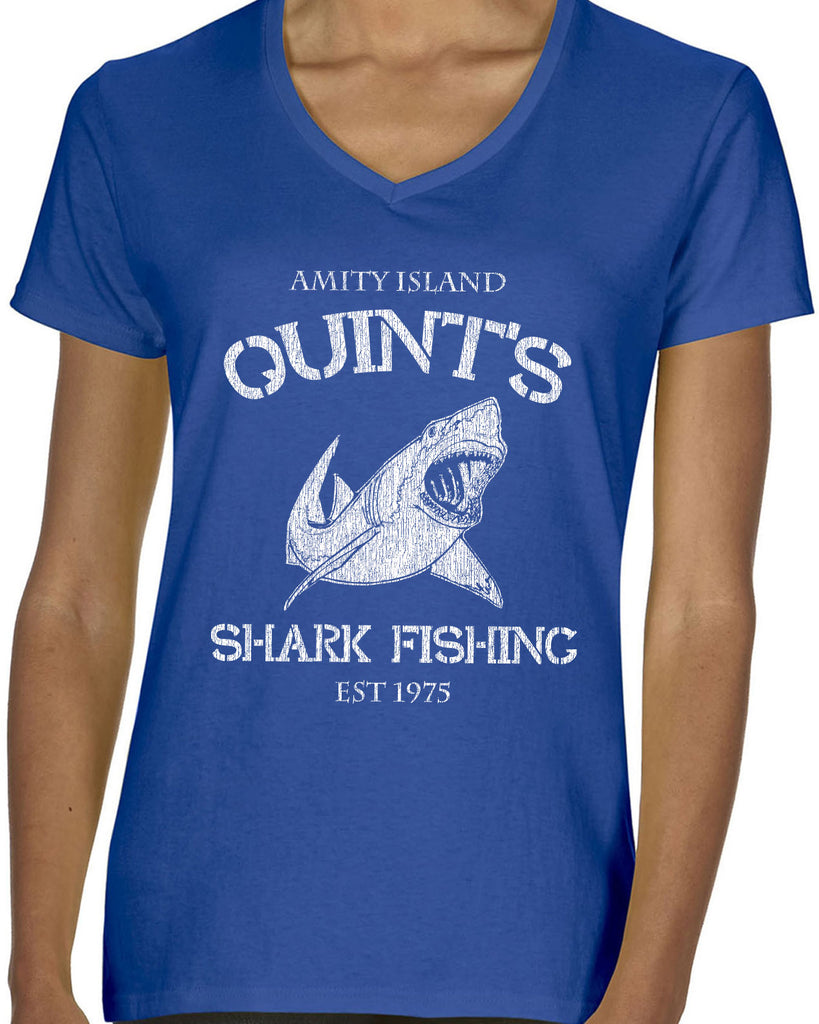Hot Press Apparel Womens V Neck womens shirt comfy Quint's Shark fishing great white Jaws 70s movie scary Amity Island ocean beach vacation costume