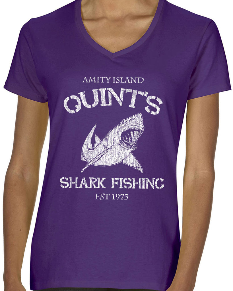 Hot Press Apparel Womens V Neck womens shirt comfy Quint's Shark fishing great white Jaws 70s movie scary Amity Island ocean beach vacation costume
