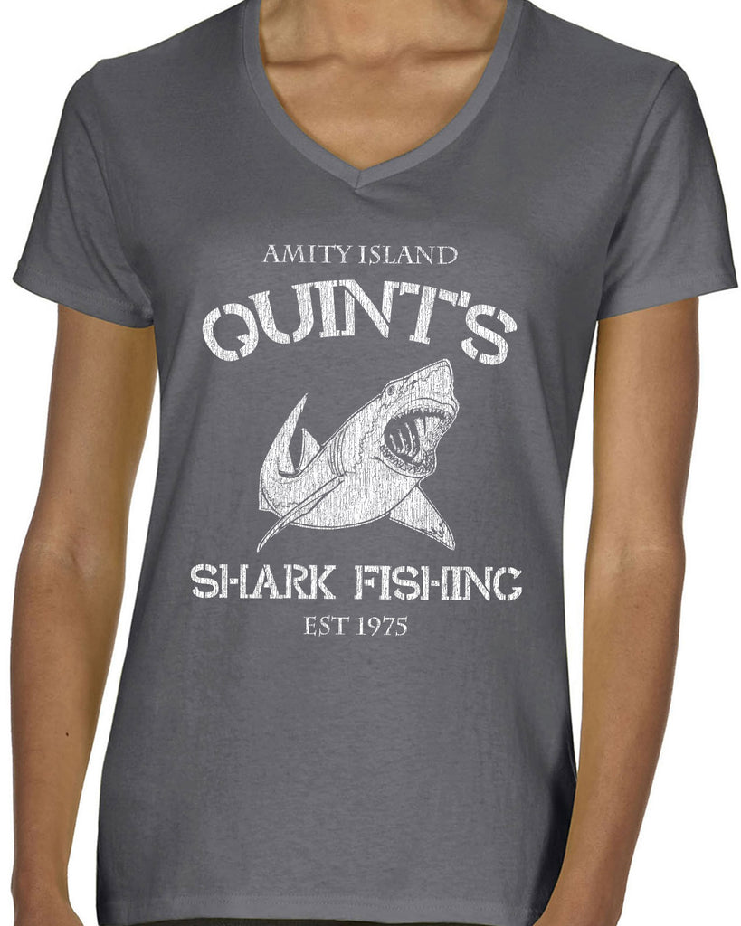 Hot Press Apparel Womens V Neck womens shirt comfy Quint's Shark fishing great white Jaws 70s movie scary Amity Island ocean beach vacation costume