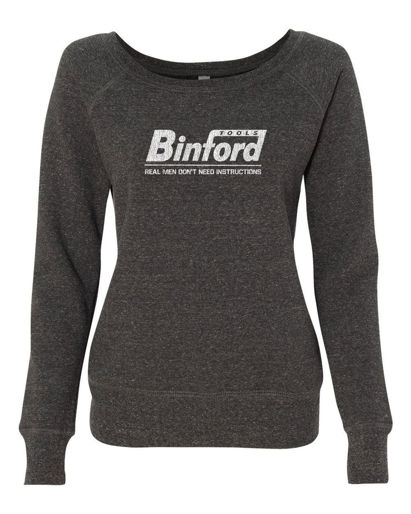 Binford Womens Long Sleeve Off the Shoulder Crew Sweatshirt funny tv show home improvement 90s tv show costume halloween tool time man Tim vintage retro