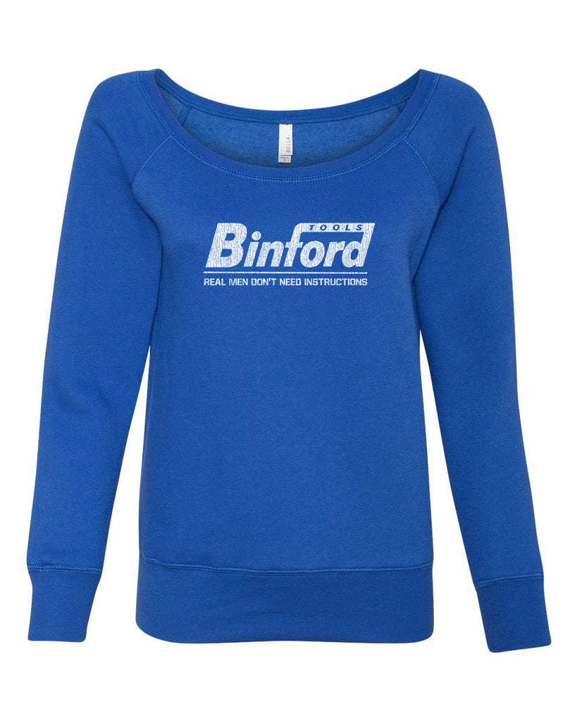 Binford Womens Long Sleeve Off the Shoulder Crew Sweatshirt funny tv show home improvement 90s tv show costume halloween tool time man Tim vintage retro