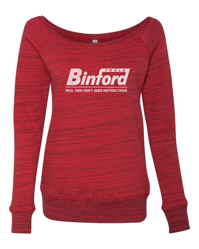 Binford Womens Long Sleeve Off the Shoulder Crew Sweatshirt funny tv show home improvement 90s tv show costume halloween tool time man Tim vintage retro