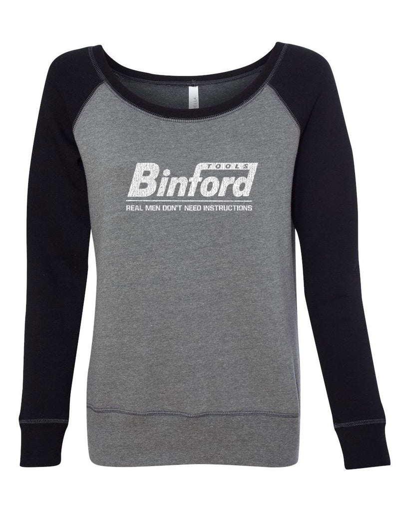 Binford Womens Long Sleeve Off the Shoulder Crew Sweatshirt funny tv show home improvement 90s tv show costume halloween tool time man Tim vintage retro